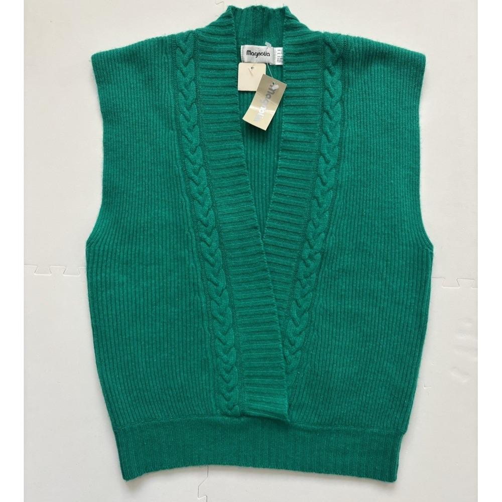 Vtg Magnolia 80's Sweater Vest Women Preppy Lambwool Angora Cable - Size L Grn